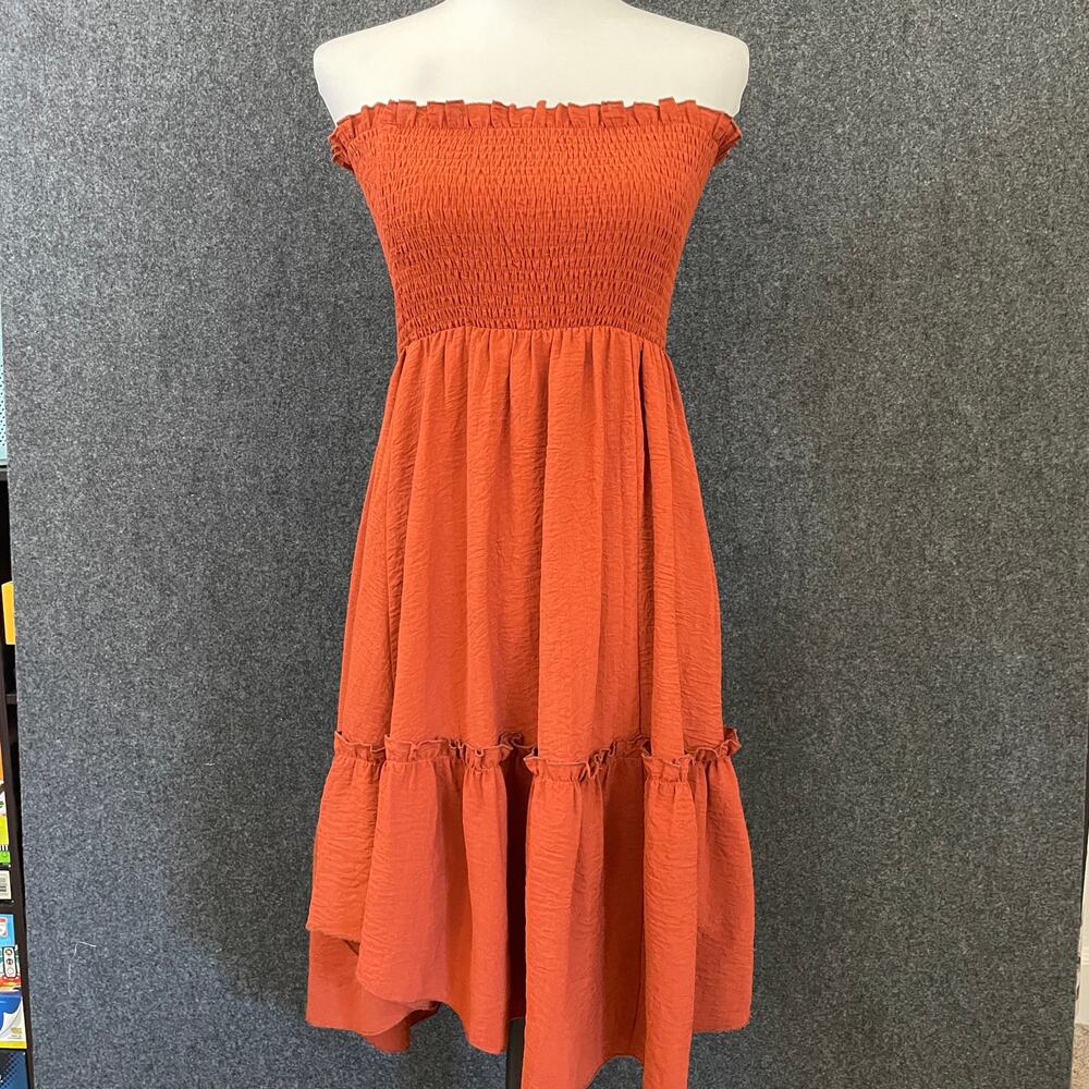 Cider Strapless Smocked Midi Dress Women’s S Burnt Orange Rust Ruffle Hem